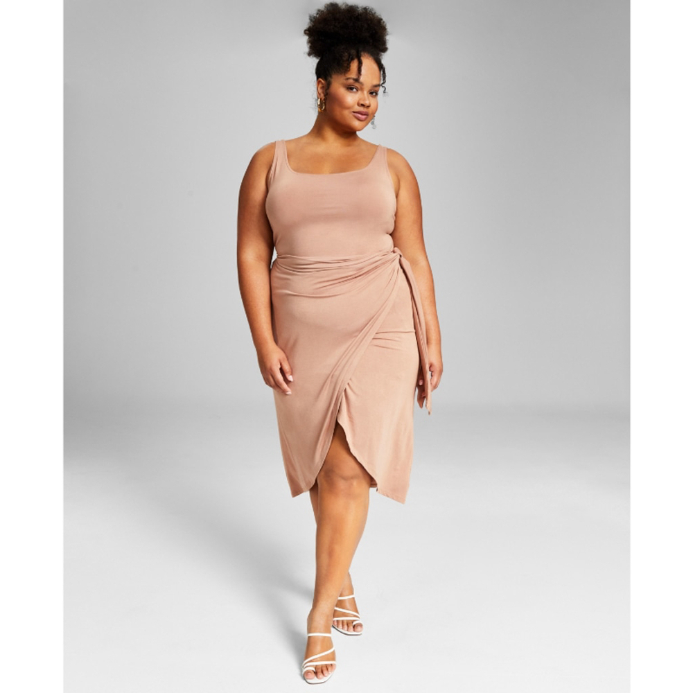 And Now This Plus Size Beige Side-Tie Midi Dress NWT